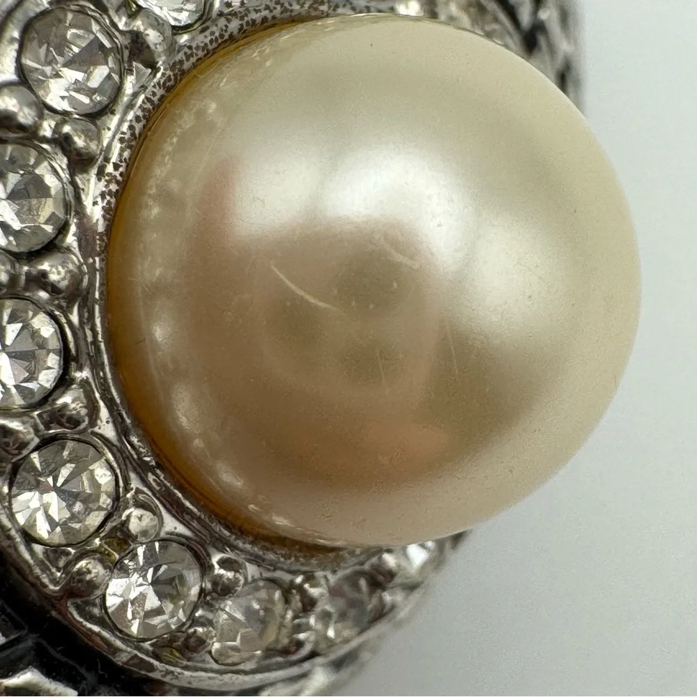 Vintage Faux Pearl Rhinestone Brooch Silver Tone Statement Bridal Scarf Coat Pin
